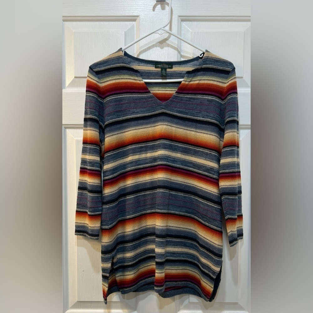 Lauren‎ Ralph Lauren Linen Cotton Blend Boho Striped Top Sz M V Neck Mature